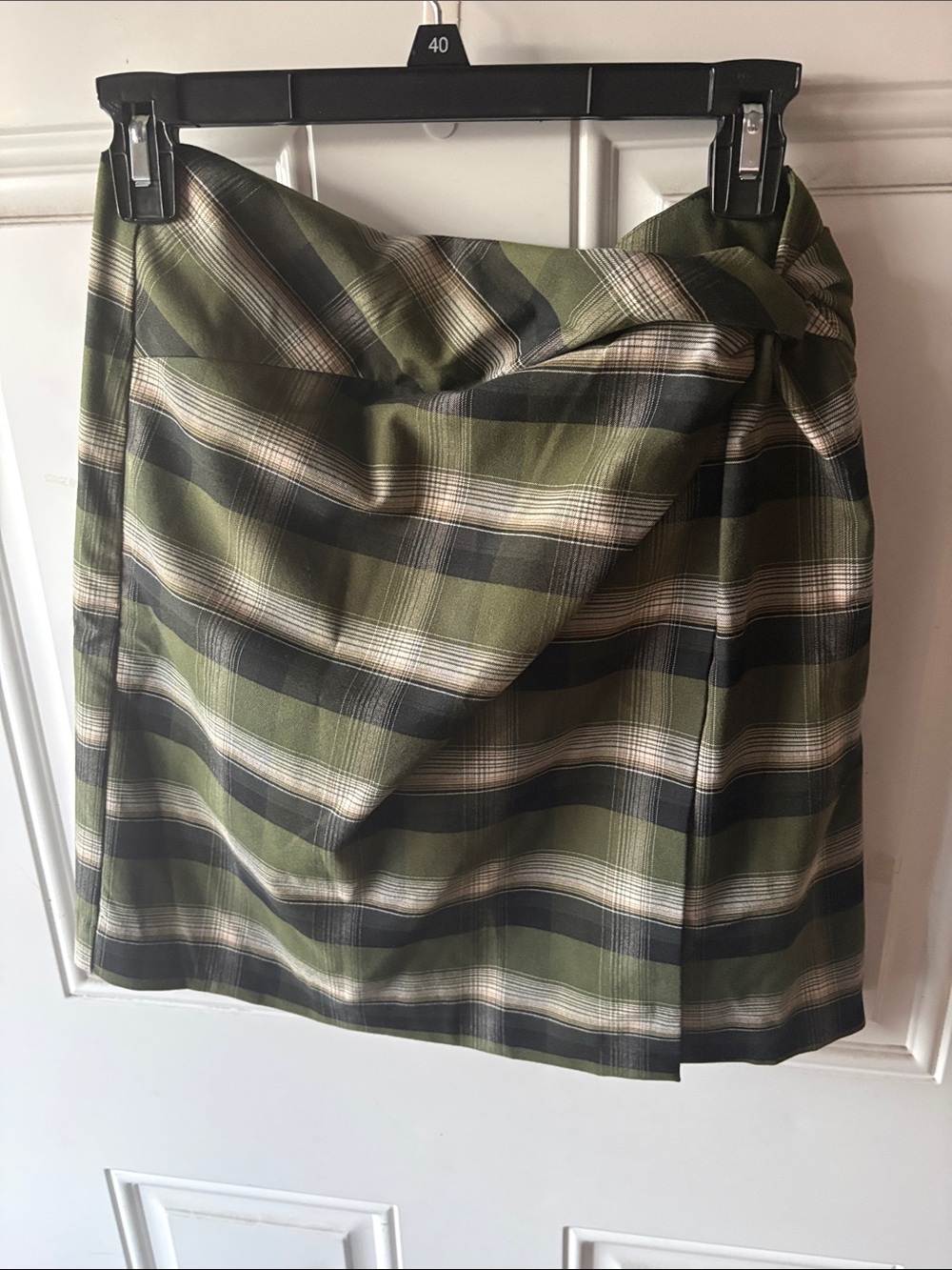 LOFT Olive Plaid Wrap-Style Mini Skirt